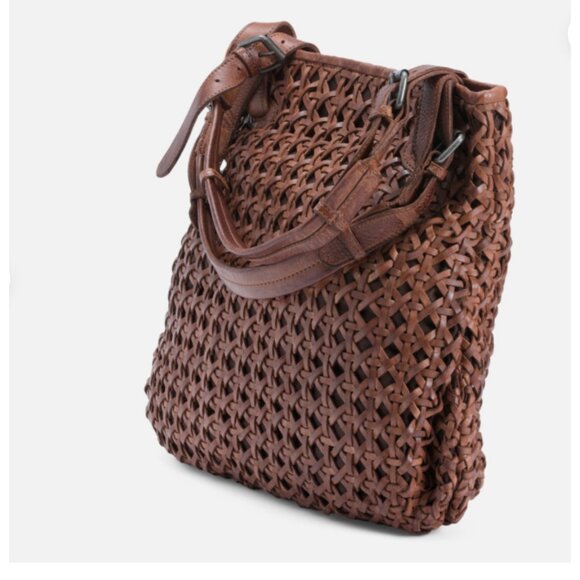 VILENCA HOLLAND Handbag Leather Woven Cut Out Buckle Tote Cognac New - Picture 1 of 14